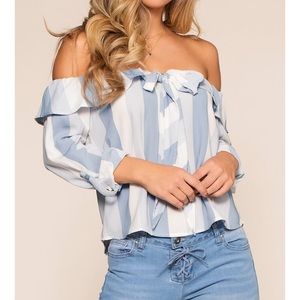Off the shoulder soft blue and white striped top